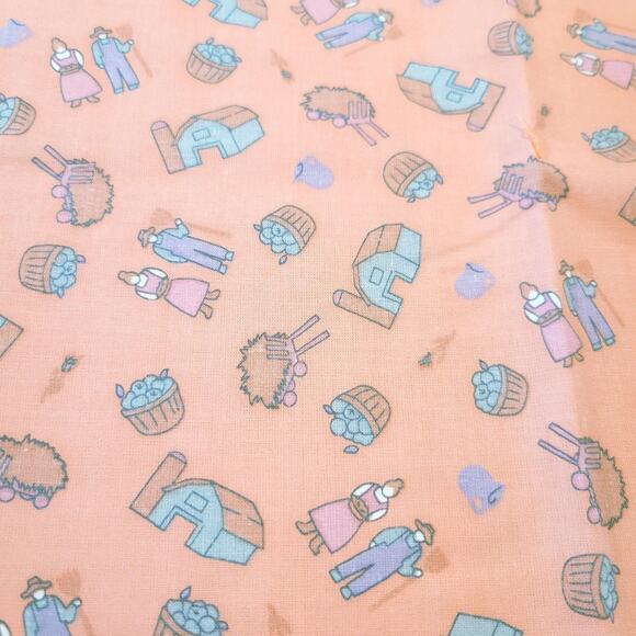 Farm on Peach 1 Yard x 44" Cotton Quilting Fabric Barns Farmers Sheep Country - Picture 1 of 12